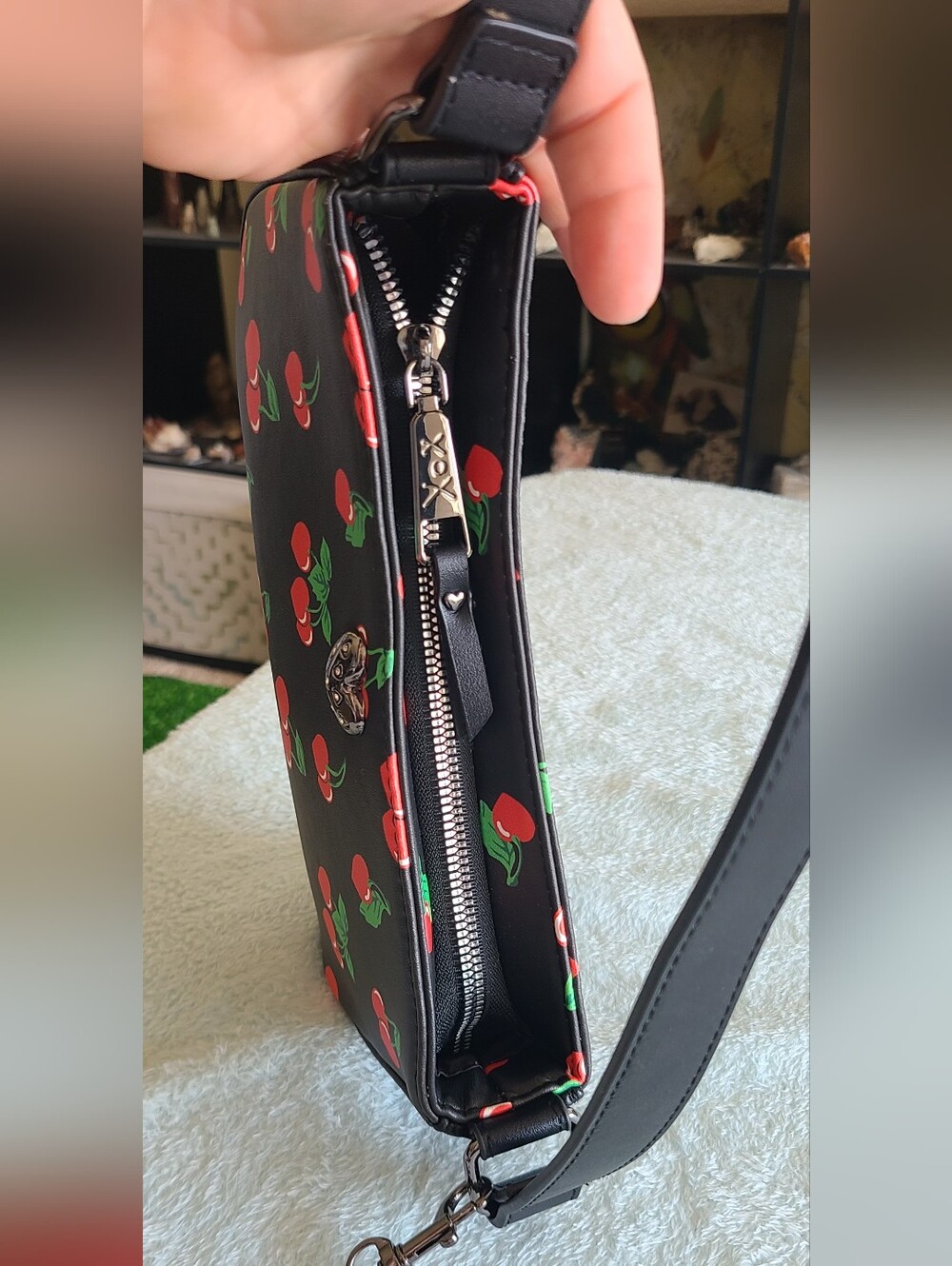 Betsey Johnson Black Cherry Print Crossbody Bag with Red Charm - Picture 7 of 14